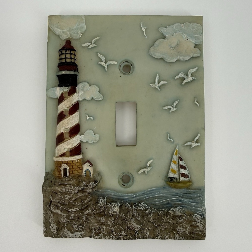 Vintage Hand-Painted Ceramic Lighthouse Light Switch Cover - Seagulls - Ocean